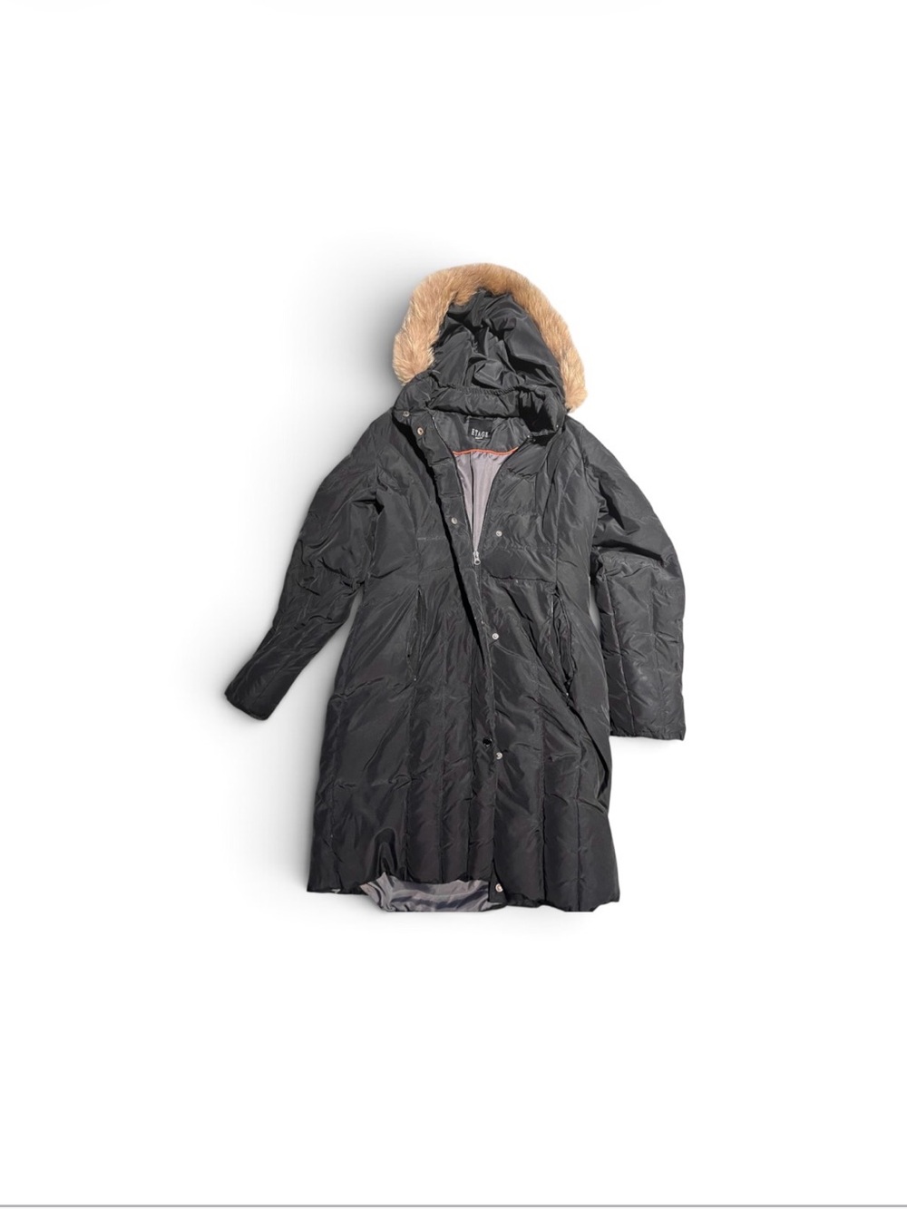 Etage Black Long Puffer Coat with Faux-Fur Trimmed Hood